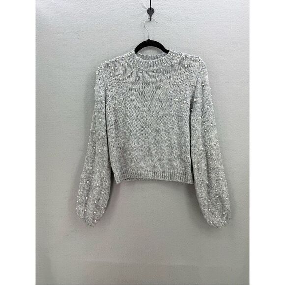 NWT Urban Outfitters Womens Gray Pearl Beaded Balloon Sleeves Sweater Size Small - Picture 2 of 9